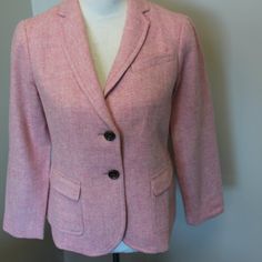 Nwt || Beautiful Shetland Wool In A Traditional Herringbone Weave || Timeline Style That Always Feels New || Long Sleeve || Button Front Closure || Notch Neckline || Lined || Shell: 48% Wool, 27% Polyester, 25% Viscose || Hits At The Hip || Dry Clean Smoke-Free And Pet-Free Home Pink Fall Blazer With Button Cuffs, Fall Pink Blazer With Button Cuffs, Fitted Single Breasted Preppy Outerwear, Pink Blazer With Button Cuffs For Fall, Preppy Fitted Outerwear With Button Closure, Shetland Wool, Blazer Buttons, Herringbone, Blazer Suit