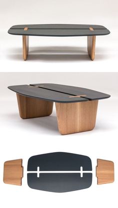 the table is made out of wood and has an oval shaped top with two curved sides