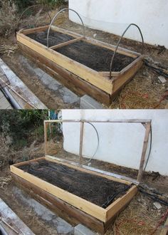 two pictures of a raised garden bed on the ground