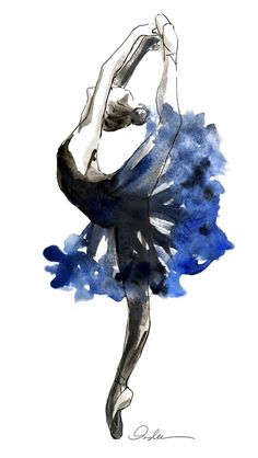 a watercolor painting of a ballerina in blue and black dress with her arms stretched out