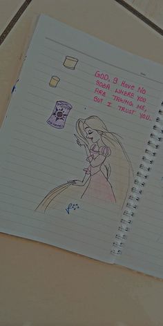 a notepad with a drawing of a girl in a dress and the words god, i have no idea what he thinks but trust you