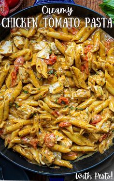 Overhead photo of a skillet filled with pasta, tomatoes, chicken, and a creamy sauce, garnished lightly with parsley. Chicken Pasta Dinner Ideas, Pasta Dishes Chicken, Chicken Tomato Pasta, Chicken Pasta Dinner, Pasta Dinner Ideas, Tomato Pesto Chicken, Pasta With Pesto, Penne Noodles, Chicken Pasta Dishes