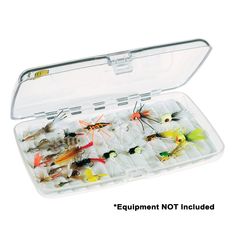 an open plastic box filled with lots of different types of fishing flies on a white background