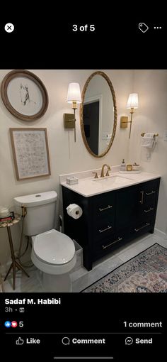 an image of a bathroom setting with pictures on the wall and below it, there is a mirror above the sink