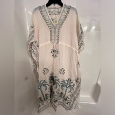 Spartina 449 Linen Blend Palm Trees Kaftan Cover Up Nwt Cream Embroidered Kaftan For Summer, Embroidered Cream Kaftan For Summer, Beach Embroidered Beige Kaftan, Beige Embroidered Kaftan For Beach, Embroidered Beige Kaftan For The Beach, Bohemian Cream Kaftan For Vacation, Bohemian Style Cream Kaftan For Beach, Bohemian Cream Kaftan For The Beach, Spring Vacation Cream Kaftan