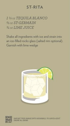 the recipe for st - rita cocktail is shown in this graphic style, with lime and