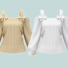 two sweaters with bows are shown in three different colors, one white and the other beige