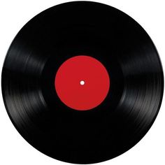 an old vinyl record with red disk on it's side, isolated against a white background