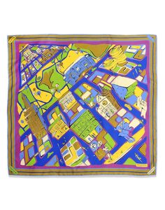 a blue and yellow scarf with an image of a city map on the bottom half of it