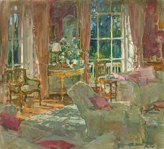 a painting of a living room filled with furniture