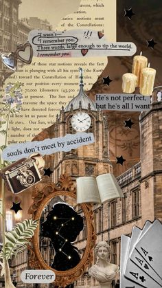 collage of images with words and pictures on them, including an image of a clock