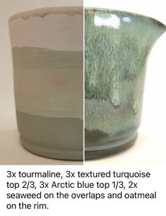 two different views of a green vase with white and black stripes on the bottom, one showing 3x textured turquoise top 2x arctic blue top 1 / 3x seaweed