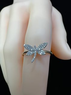 14k White Gold Ladies Diamond Dragonfly Stackable Ring, Solid White Gold, Dainty Band, Cute and Unique Design Elegant Dragonfly Jewelry For Wedding, Dainty Band, Stackable Ring, Stackable Rings, Rings Statement, Fashion Rings, Favorite Jewelry, Statement Rings, Unique Design