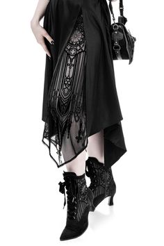 Embrace your inner goth with our irregular hem double slit goth skirt. its intricate lace embroidery and unique irregular hem design will add a touch of dark elegance to your wardrobe. shop now and make a statement! Styl Goth, Elegant Goth, Goth Skirt, Gothic Skirt, Handkerchief Skirt, Rock Punk, Irregular Hem, Hem Design