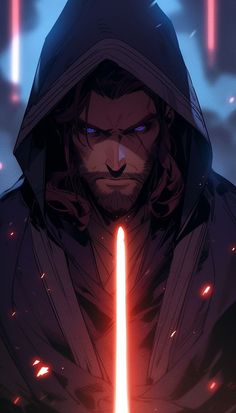 a man in a hooded jacket holding a light saber with red lights coming from his eyes