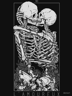 two skeletons in the middle of a black and white poster with words that say i amoure