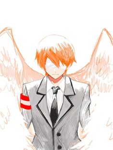 an anime character with orange hair wearing a suit and tie, standing in front of angel wings