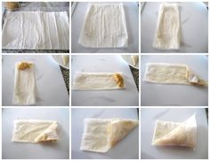 several pictures of how to make an appetizer with food wrapped in tissue paper