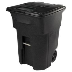 a black plastic trash can with wheels