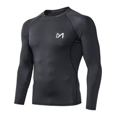 a black long sleeved shirt with the letter m on it's left chest