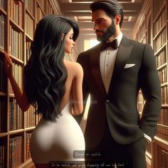 a man and woman standing next to each other in front of a library full of books