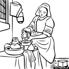 a black and white drawing of a woman washing her hands