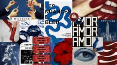 collage of various images with red and blue colors, including woman's hands