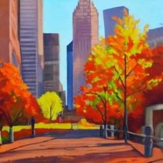 an oil painting of a city street with trees in the fall