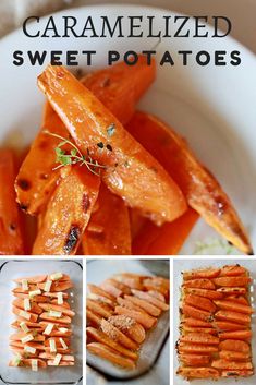 carrots and other foods are arranged on a plate with the words caramelized sweet potatoes