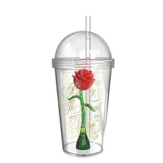 a plastic cup with a red rose on it and a straw sticking out of the top