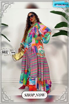 Oversized V-neck Printed Painted Retro Pleated Long Sleeve Loose Dress Multicolor Maxi V-neck Dress For Vacation, Multicolor Flowy V-neck Maxi Dress, Casual Multicolor V-neck Long Sleeve Dress, Oversized V-neck Maxi Dress For Vacation, Oversized Green V-neck Dress, Green Long Sleeve V-neck Dress For Vacation, Green Long Sleeve V-neck Dress For Beach, Green Long Sleeve V-neck Beach Dress, Multicolor Printed V-neck Maxi Dress