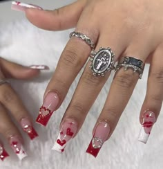 Medium Nails Acrylic Valentines, Cute Nails Acrylic For Valentines, Valentine Nail Set Short, 3d Heart Acrylic Nails, Hearts Design Nails, Cupid Acrylic Nails, Matching Nails With Best Friend Valentines, Valentines Day Nails Charms, Red Nail Art Acrylic Nails