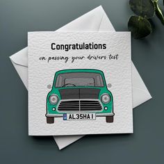 congratulations card featuring an image of a green car with the words congratulationss on passing your drivers test