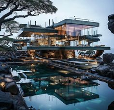 the house is surrounded by rocks and water