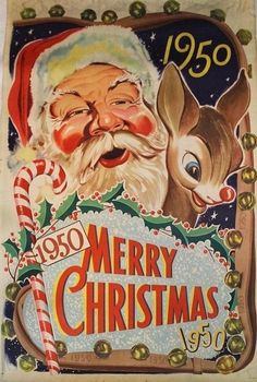 an old fashioned christmas card with santa claus and rudolph the reindeer on it's side