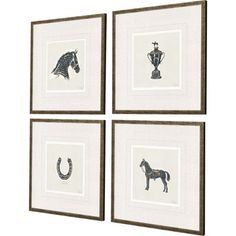 three black and white framed pictures with horses, vases and horse heads on them