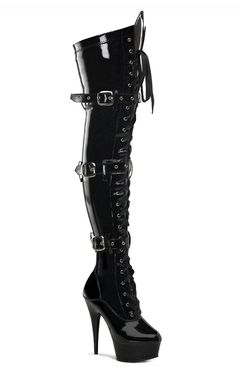 DELIGHT-3028 Blk Str Pat/Blk Thigh High Boots-Pleaser-Tragic Beautiful Fitted Gothic High Heel Boots, Gothic Fitted High Heel Boots, Gothic High Heel Fitted Boots, Gothic Knee-high High Heel Boots, Black Fitted Gothic Heels, Fitted Gothic Heeled Boots With High Heel, Gothic Thigh-high Boots For Party, Gothic Thigh High Boots For Party, Gothic High Heel Boots For Night Out