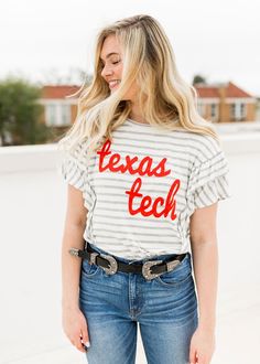 Texas Tech Fresh Script Striped Ruffle Top – Kickoff Co. Spirit Clothing, College Apparel, Senior Pics, Ruffle Top, College Outfits, Grey Stripes, Fashion Tops