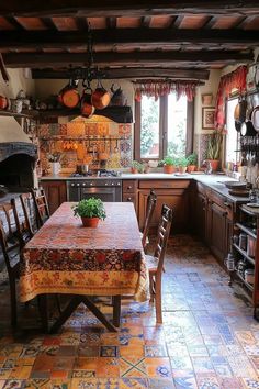 an old fashioned kitchen with tile flooring and wooden cabinets is pictured in this image