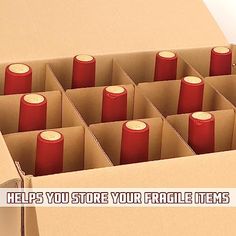 an open cardboard box filled with lots of red items and the words help you store your fragile items