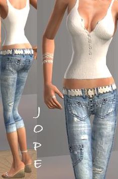 two images of a woman in white top and jeans