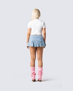 Dumb, but pretty 😚 This three-piece set features a rhinestone graphic top, denim pleated skirt, and pink ribbed leg warmers. Who needs brains when you look this good, let's be real 💅🏼 White Corset Dress, Denim Pleated Skirt, Rhinestone Top, Pink Ribbed, Mesh Maxi Dress, White Corset, Sequin Mini Skirts, Graphic Top, Pink Ruffle