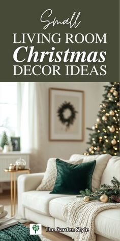 a living room decorated for christmas with green and white decorations on the couch, coffee table and