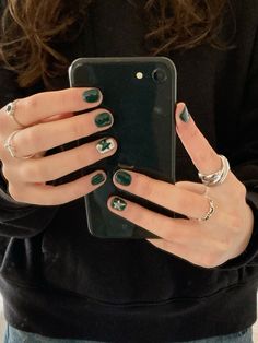 #nails #nailart #stars #green #autumn #forest #silver #stargirl #trendy Nail Inspo Forest Green, Green Slytherin Nails, White And Forest Green Nails, Short Forest Green Nails, Short Nails Dark Green, Forest Green Nails Short, Short Nail Inspo Green, Dark Green Jelly Nails, Green Day Nails