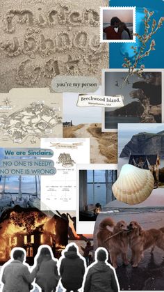 the collage has many different pictures and words on it, including an image of a beach