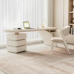 a white desk with a laptop on it in front of a window and bookshelf