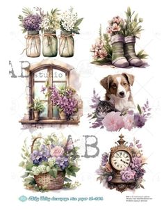 various pictures of flowers and plants with a dog sitting in the window sill next to them