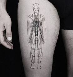 a man's thigh with a line drawing of a human body on the side