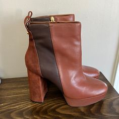 Vince Camuto Gripaula Heeled Bootie Cognac Size 9.5 Brand New Without Box Brown Ankle Strap Heels For Fall, Brown Ankle-high Heels For Work, Ankle-high Brown Heels For Work, Brown Closed Toe Heels With Contrasting Heel Counter, Brown Closed-toe Heels With Contrasting Heel Counter, Brown Leather Round Toe Heels, Brown Heels With Reinforced Heel And Round Toe, Brown Suede Heels Medium Width, Brown High Heel Boots With Contrasting Heel Counter