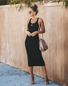 Black Tank Dress Outfit, Ribbed Dress Outfit, Black Ribbed Dress, Tank Dresses Outfit, Midi Dress Outfit, Midi Tank Dress, Black Tank Dress, Summer Dress Outfits, Ribbed Dresses